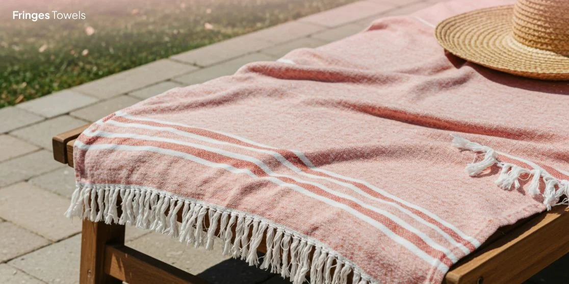 Pink Turkish towel on lounge chair.